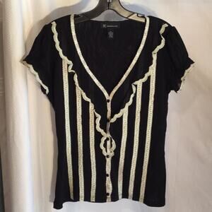 Inc Cream/black nylon ruffled button down blouse M